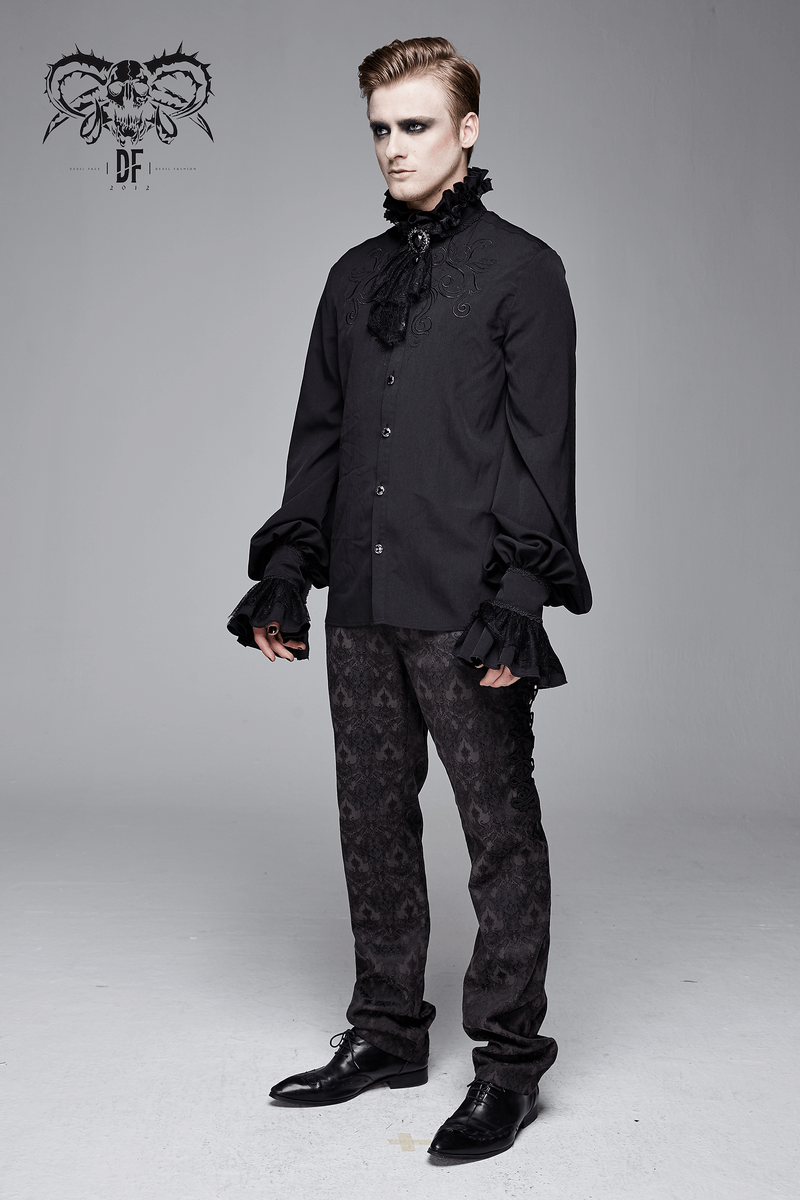 Men's gothic ruffled high collar black shirt paired with stylish patterned pants, perfect for vintage fashion enthusiasts.