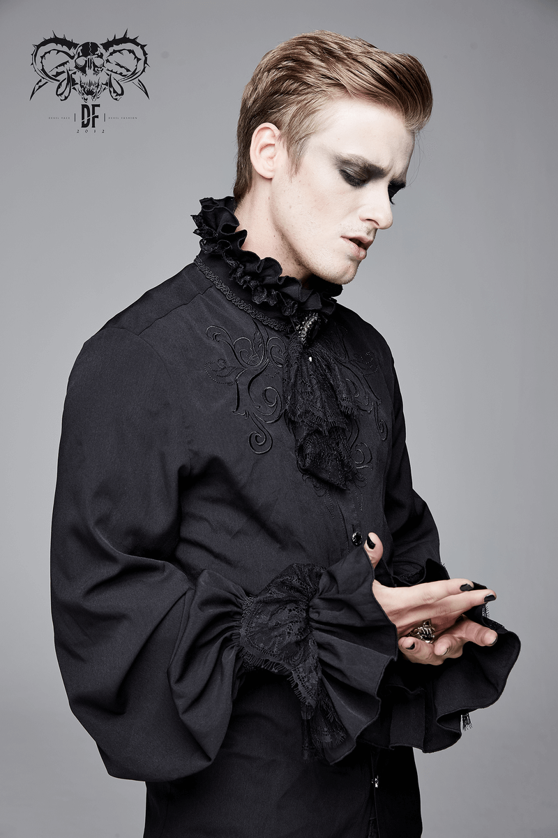 Men's gothic ruffled shirt with high collar and lace details, showcasing vintage elegance in black fabric.