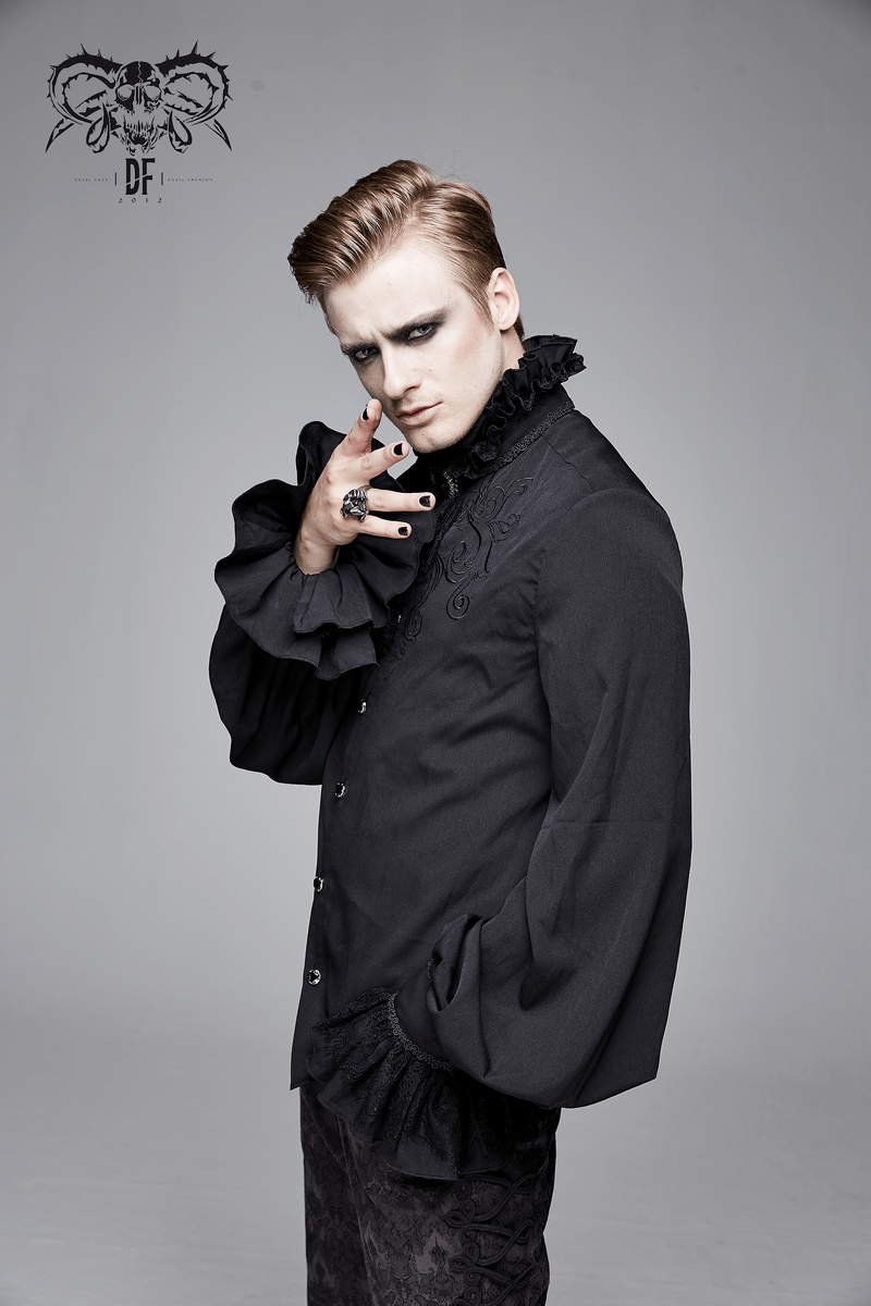 Men's gothic ruffled high collar shirt in black, styled elegantly with lace detailing and vintage patterns.