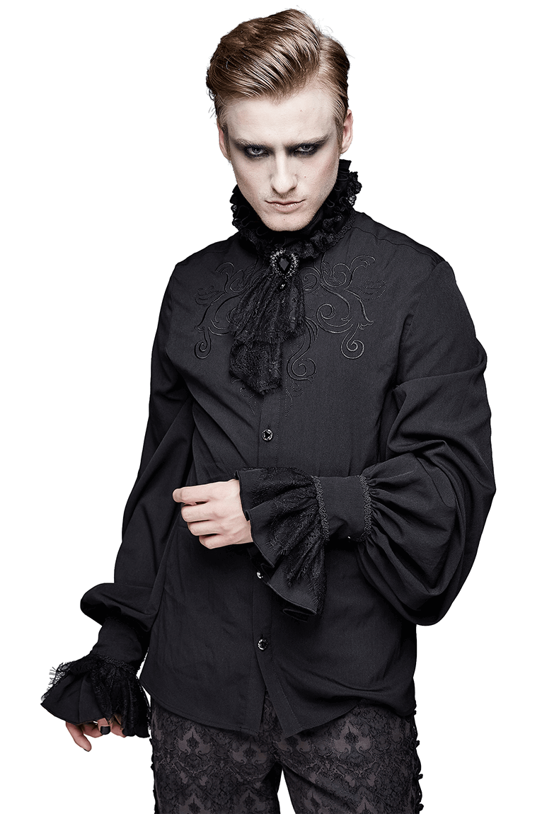 Gothic Ruffled High Collar Shirt for Men / Loose Long Sleeve Shirt with Lace Bowtie - HARD'N'HEAVY