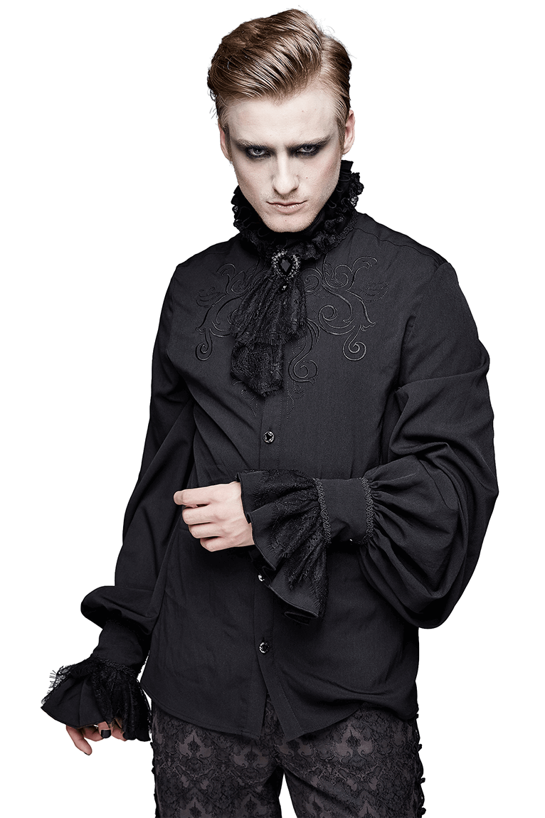 Men's gothic black ruffled high collar shirt with long sleeves and lace bowtie, stylish vintage look.