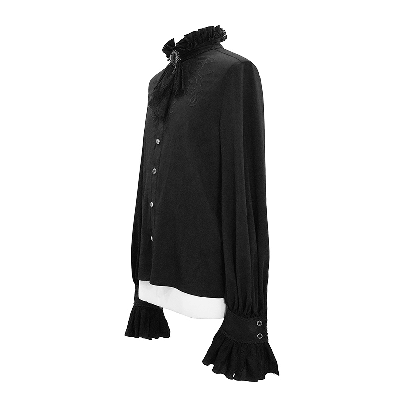 Stylish men's black gothic shirt with ruffled high collar and lace bowtie, perfect for vintage fashion lovers.