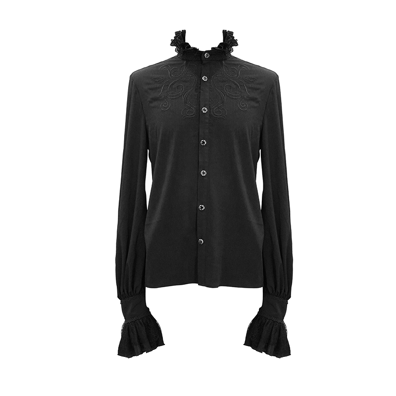 Gothic black ruffled high collar shirt for men with lace details and vintage patterns.