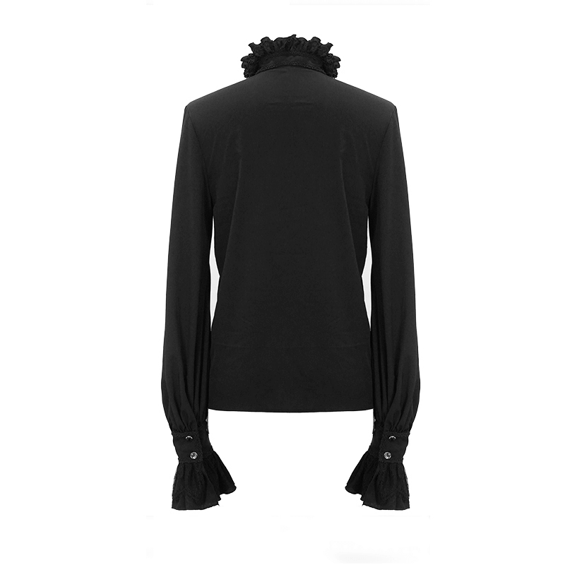 Back view of a men's black gothic shirt featuring a high ruffled collar and loose long sleeves with lace details.
