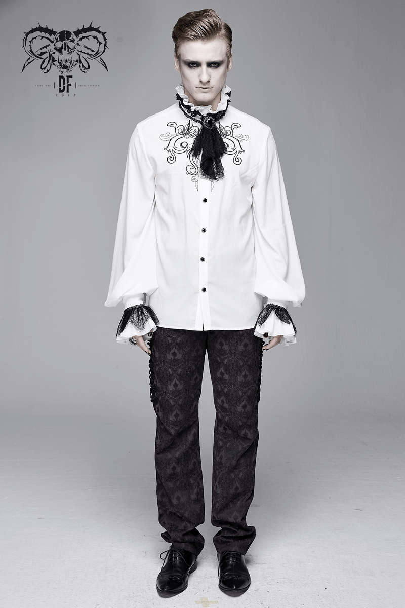 Gothic ruffled high collar white shirt with lace bowtie, styled with loose long sleeves for men.