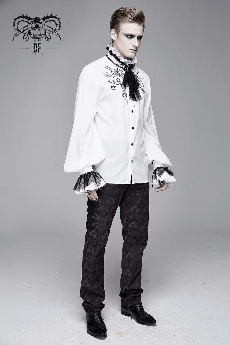 Men's gothic ruffled shirt with high collar and lace bowtie, exuding vintage charm and elegance.
