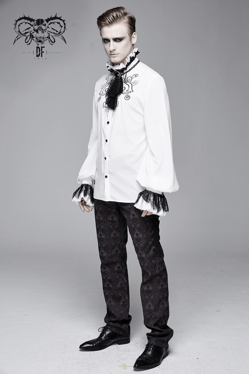 Men's Gothic ruffled high collar shirt with lace bowtie, styled in vintage fashion for a stunning look.