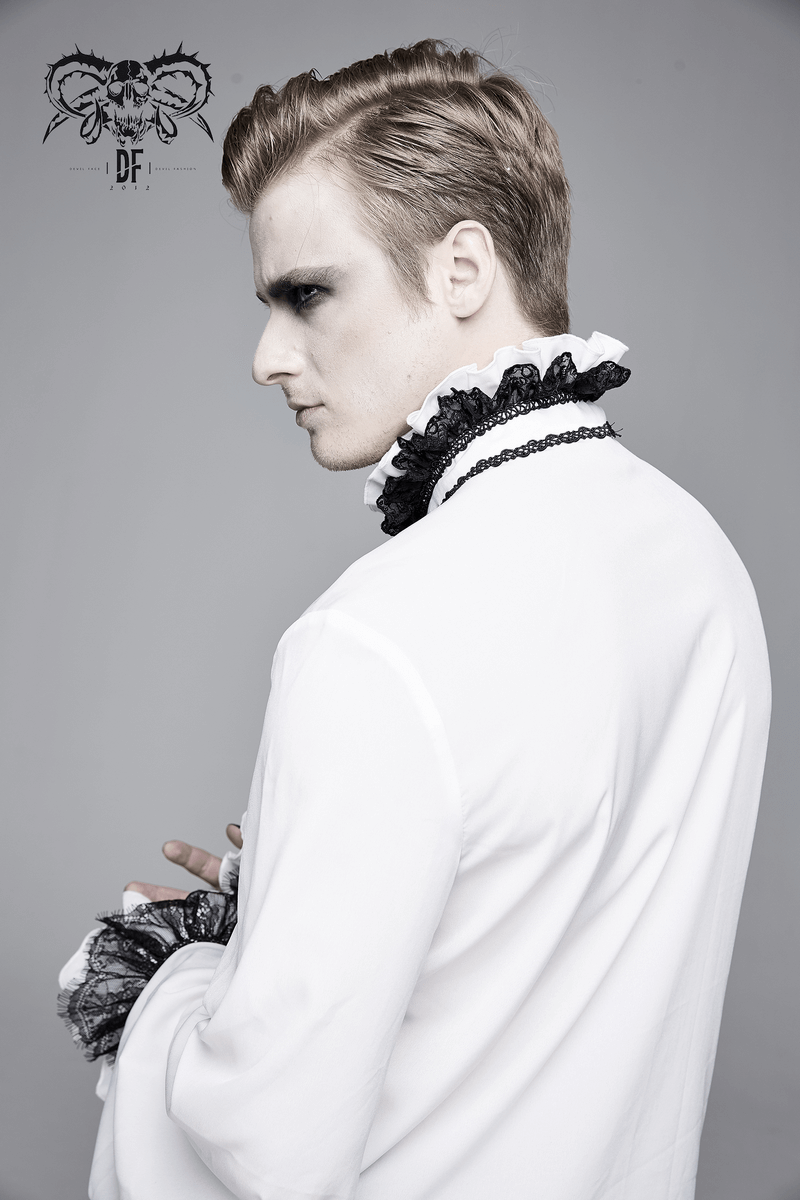 Stylish man in a gothic white shirt with high collar and black lace bowtie, showcasing a retro fashion look.