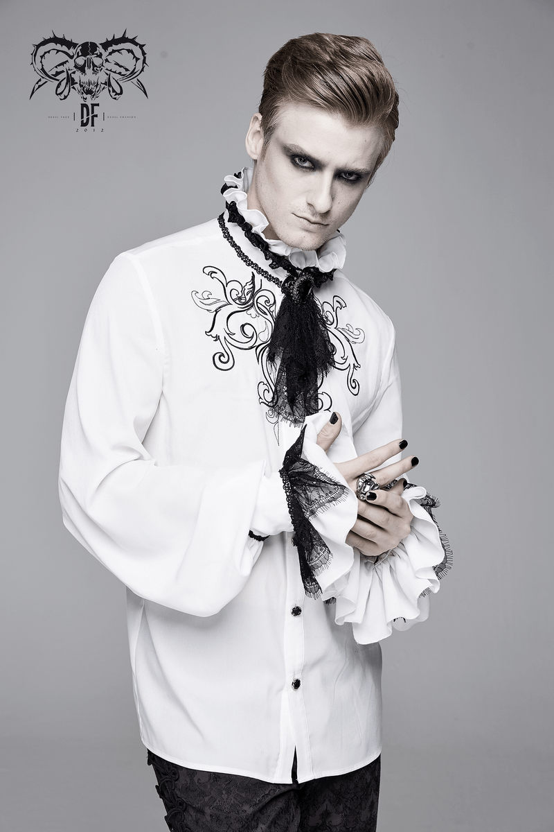 Men's gothic ruffled high collar shirt with lace bowtie, showcasing a vintage style in white.