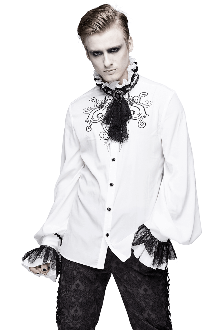 Men's gothic white shirt with high collar, lace bowtie, and ruffled sleeves, perfect for a vintage style.