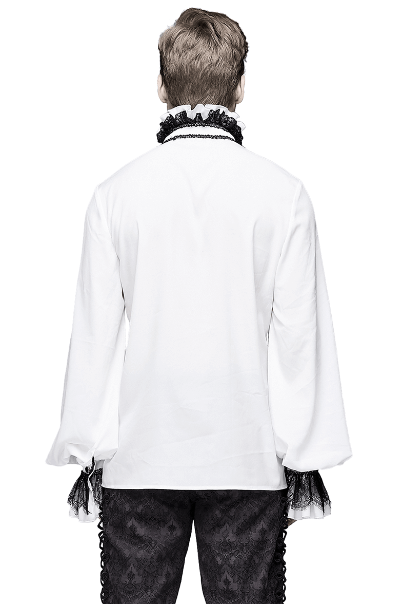 Back view of men's white gothic shirt with ruffled high collar and lace details, perfect for vintage-style outfits.