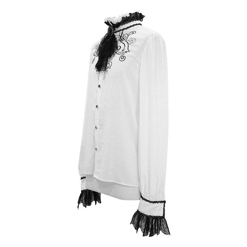 Gothic ruffled high collar white shirt for men with black lace bowtie and detailed cuffs.