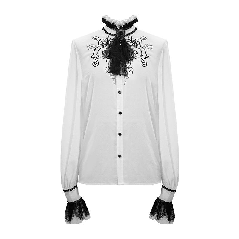 Gothic white ruffled high collar shirt for men with black lace bowtie and vintage details, perfect for unique style.