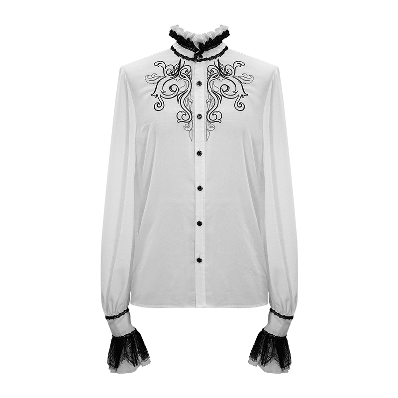 Men's white gothic ruffled high collar shirt featuring lace bowtie and embroidered design on front.