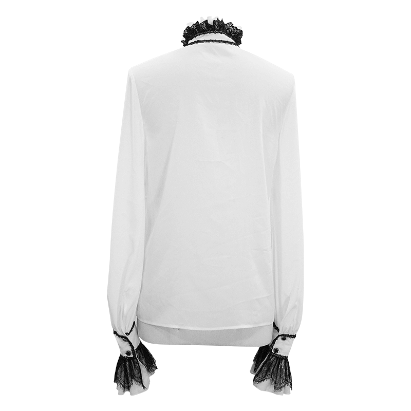 Back view of a men's gothic white shirt with ruffled collar and lace cuffs for vintage style.