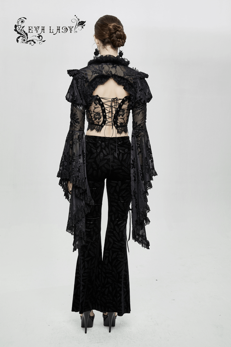 Back view of a women's gothic ruffled lace bolero with flare sleeves, paired with stylish black flared pants.