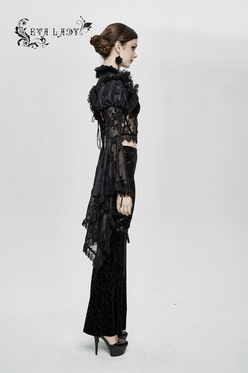 Side view of a woman in a gothic black lace bolero with ruffles, showcasing a vintage, elegant style.