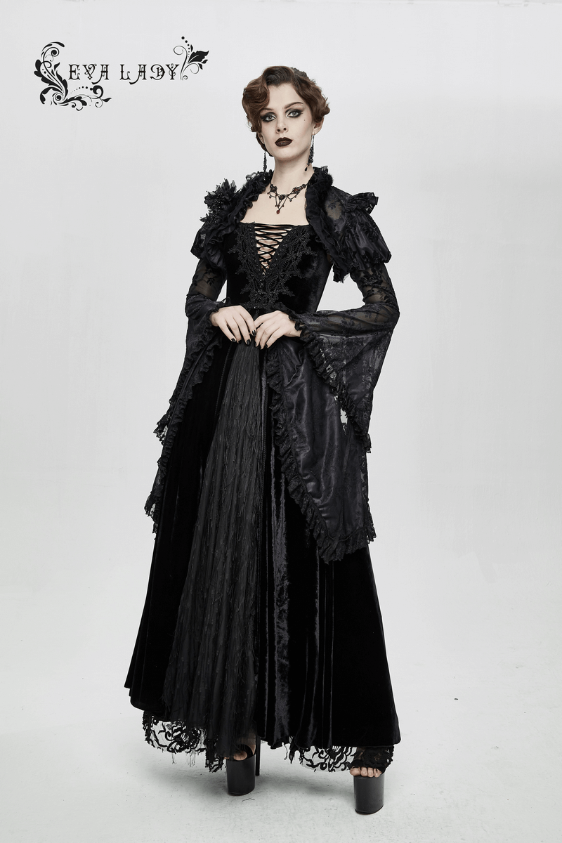 Gothic ruffled lace black bolero cape worn by model, perfect for a vintage gothic wardrobe.