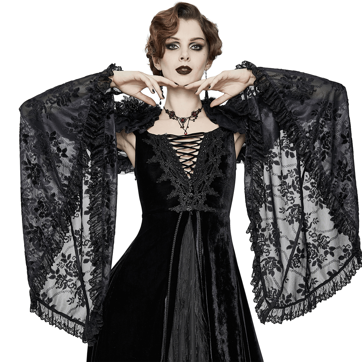 Gothic black bolero with ruffled lace sleeves, perfect for stylish women seeking vintage gothic fashion.