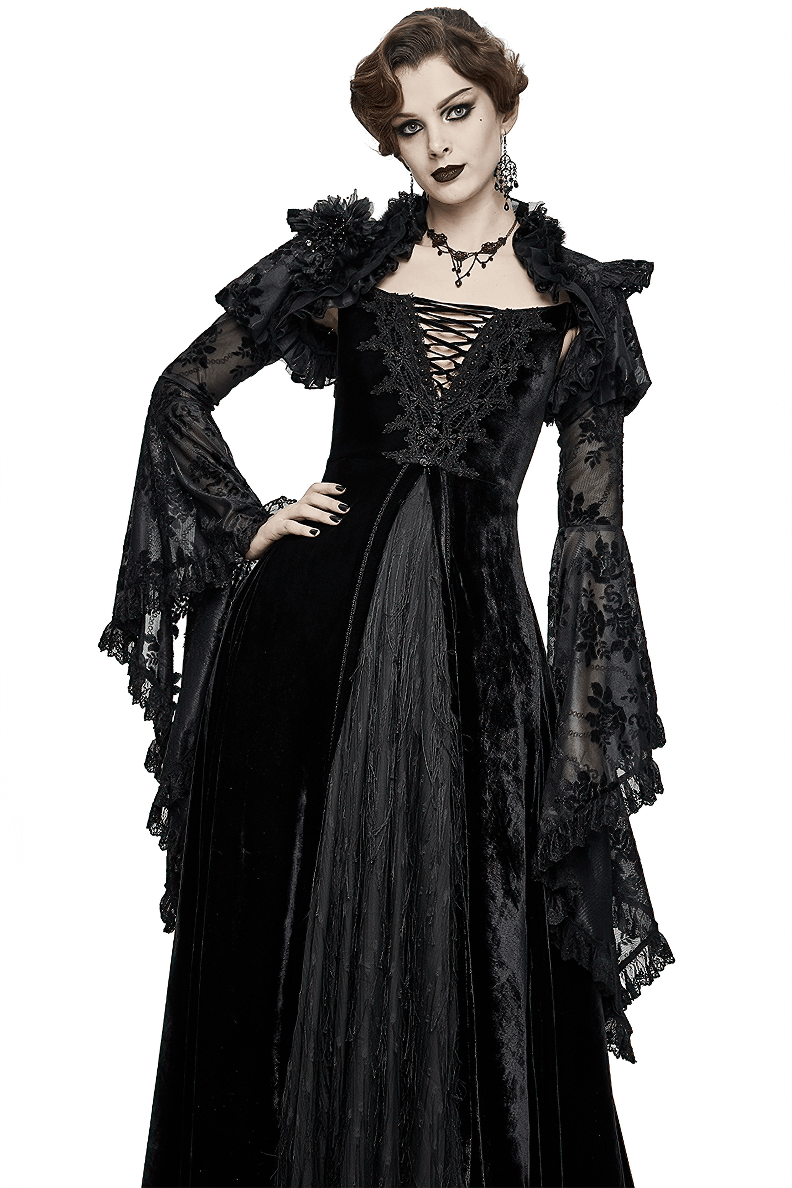 Gothic ruffled lace bolero worn by a stylish model, featuring bell sleeves and a vintage black design.