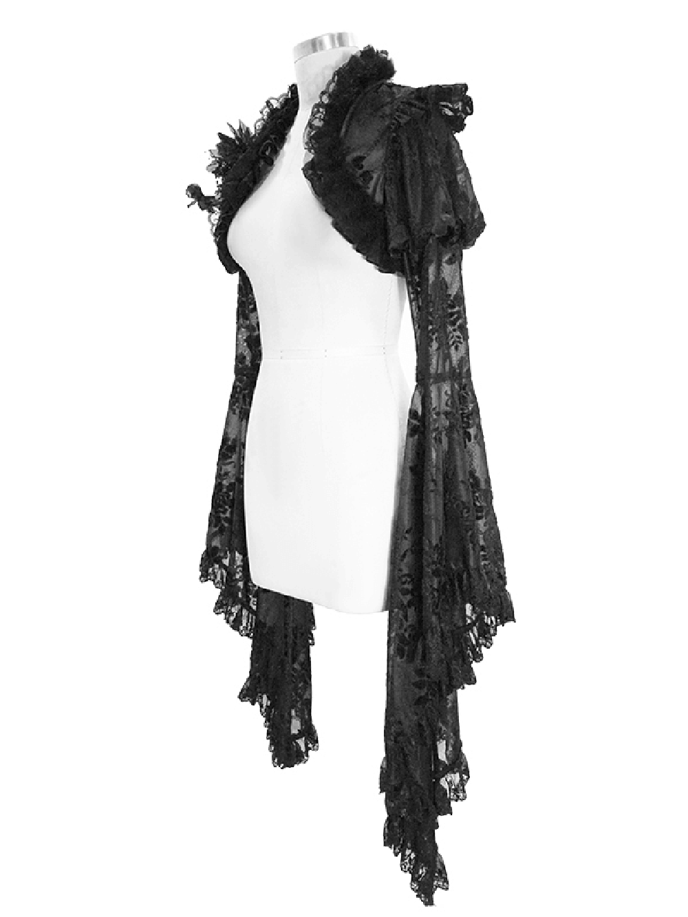 Gothic ruffled lace bolero for women in black, featuring flare sleeves and vintage design for stylish gothic outfits.