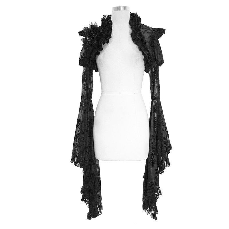 Gothic black ruffled lace bolero with flared sleeves, perfect for enhancing your vintage gothic wardrobe.