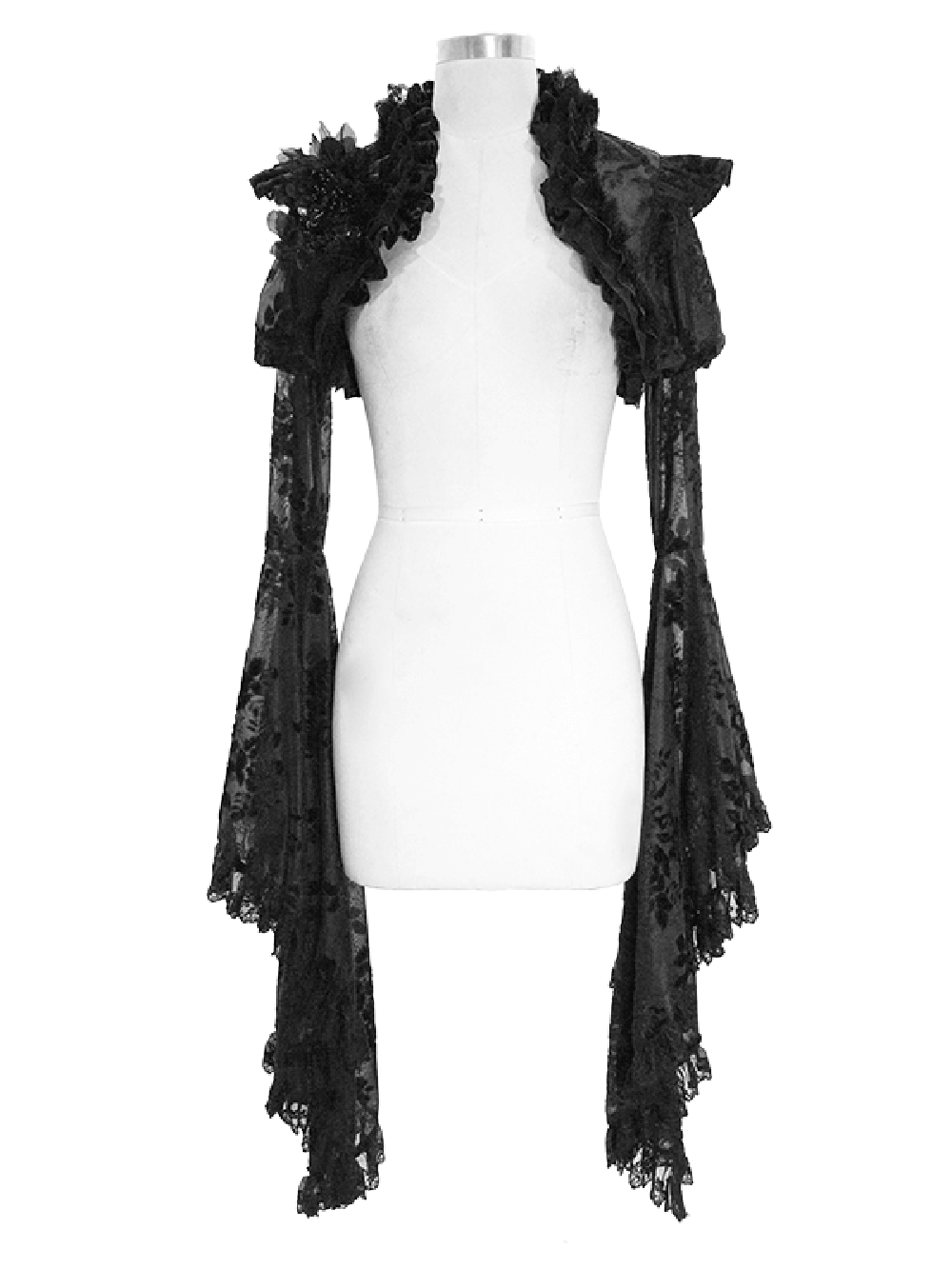 Gothic black ruffled lace bolero with flared sleeves, perfect for enhancing your vintage gothic wardrobe.