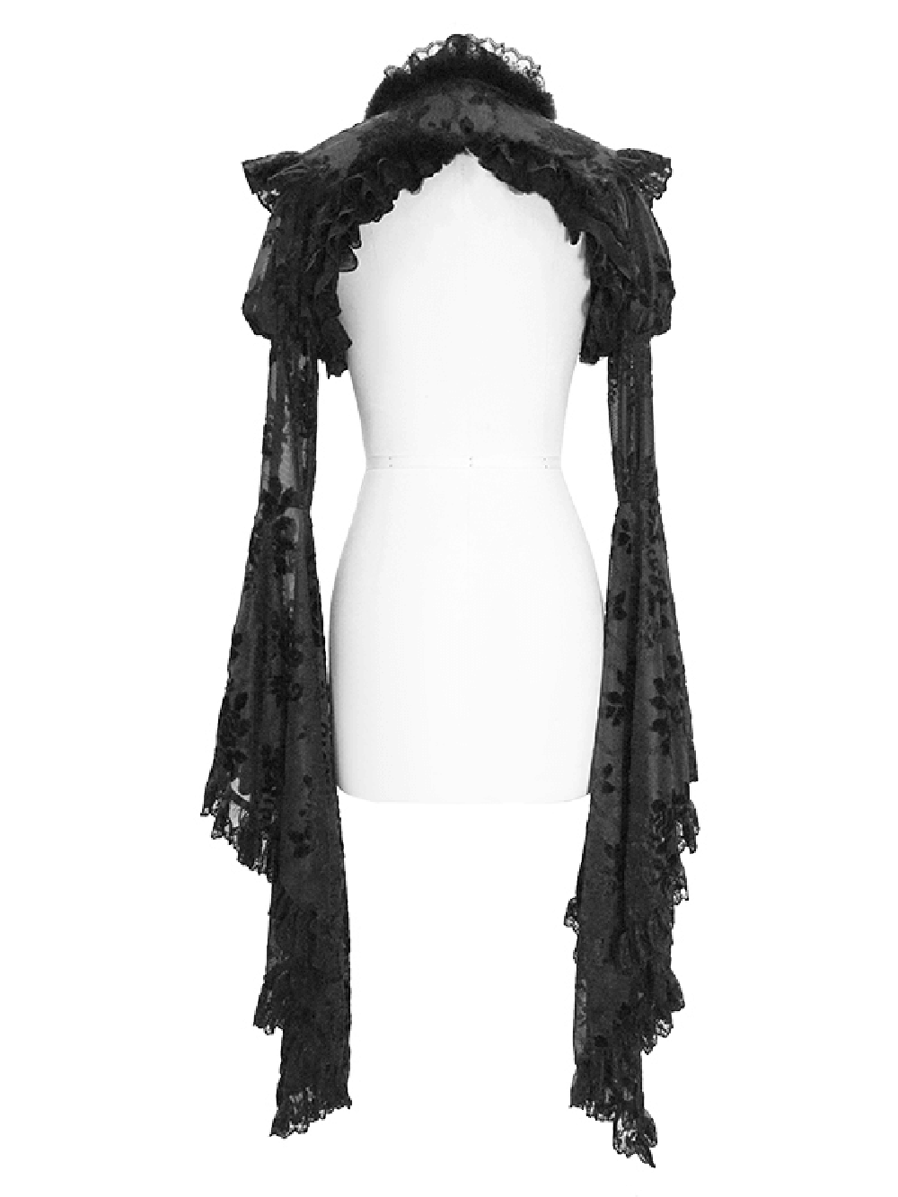 Back view of a gothic ruffled lace black bolero, showcasing elegant floral detailing and flare sleeves for women's fashion.