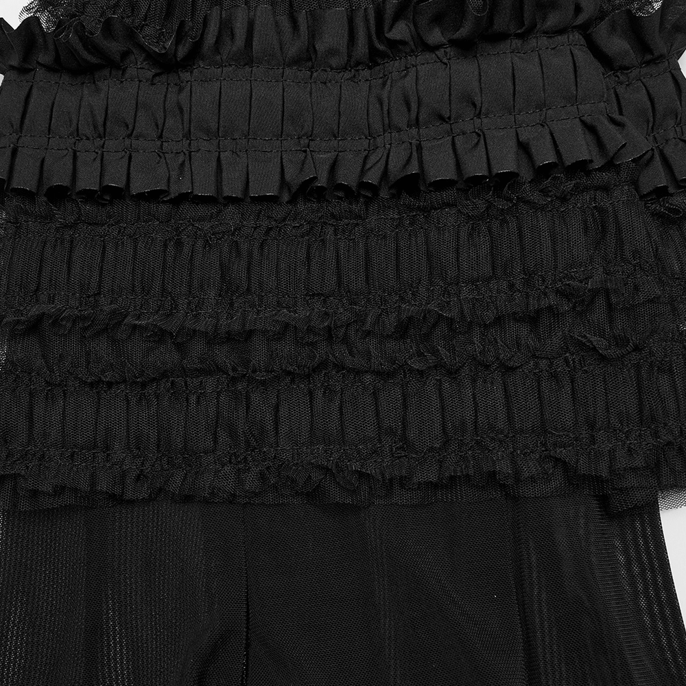 Gothic ruffled mesh leg warmers with flare design, featuring layered frills and a chic black finish.