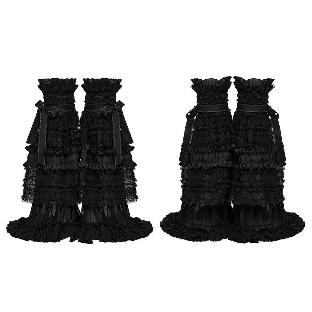 Gothic ruffled mesh leg warmers with flare design in black for a stylish and dramatic look.