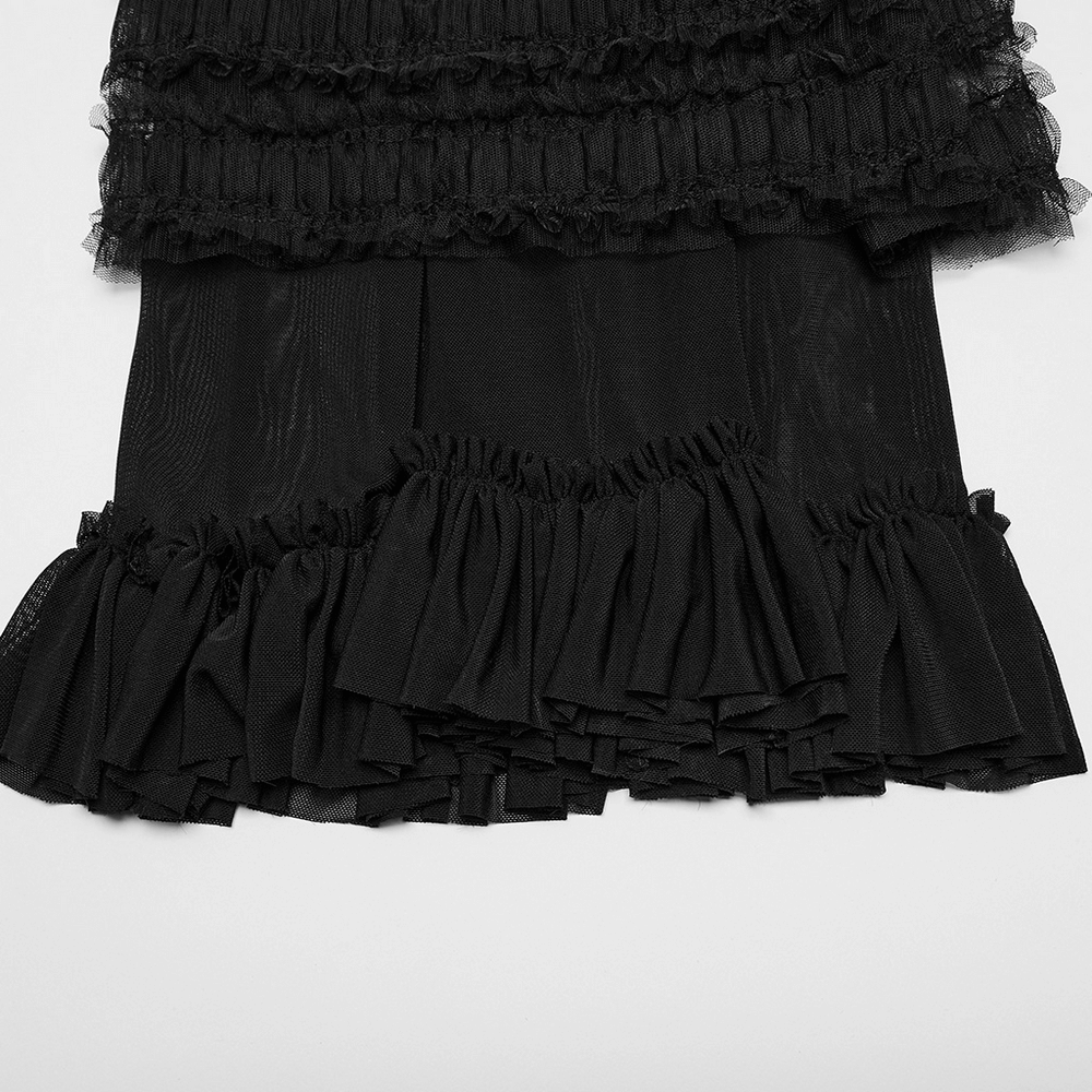 Black gothic ruffled mesh leg warmers with a stylish flare design, perfect for a unique fashion statement.