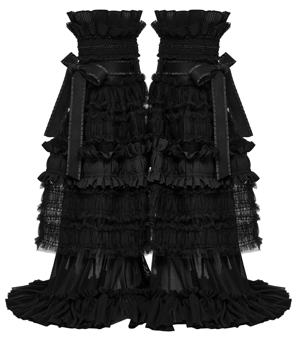 Gothic ruffled mesh leg warmers with flare design and stylish ribbons, perfect for a dramatic fashion statement.