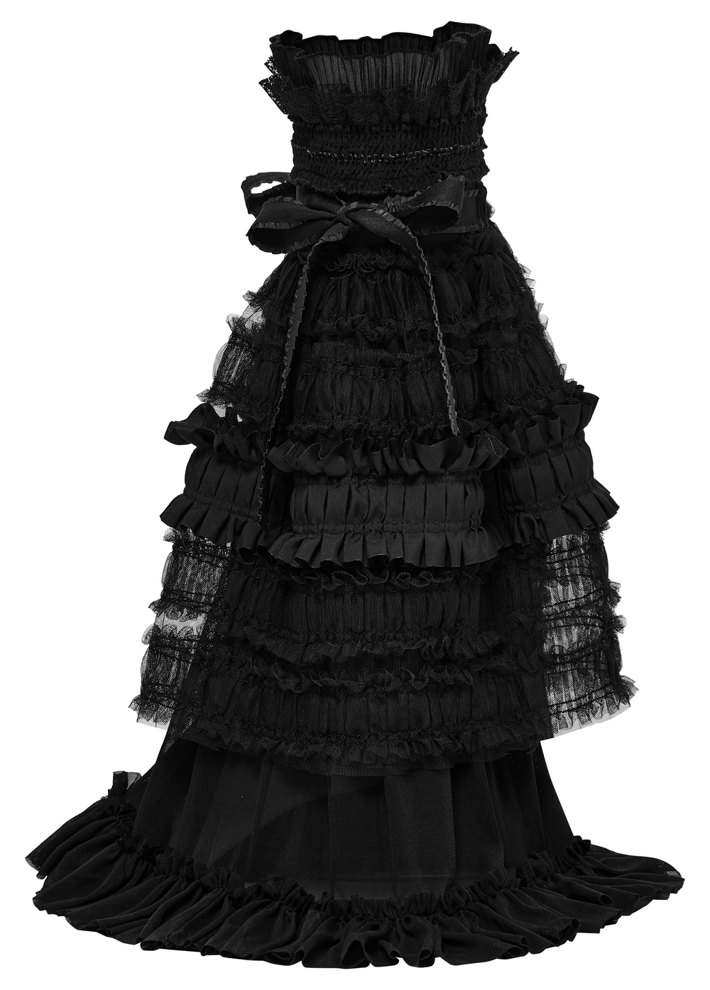 Gothic ruffled black mesh dress with stylish flare design, showcasing layered textures and elegant details.