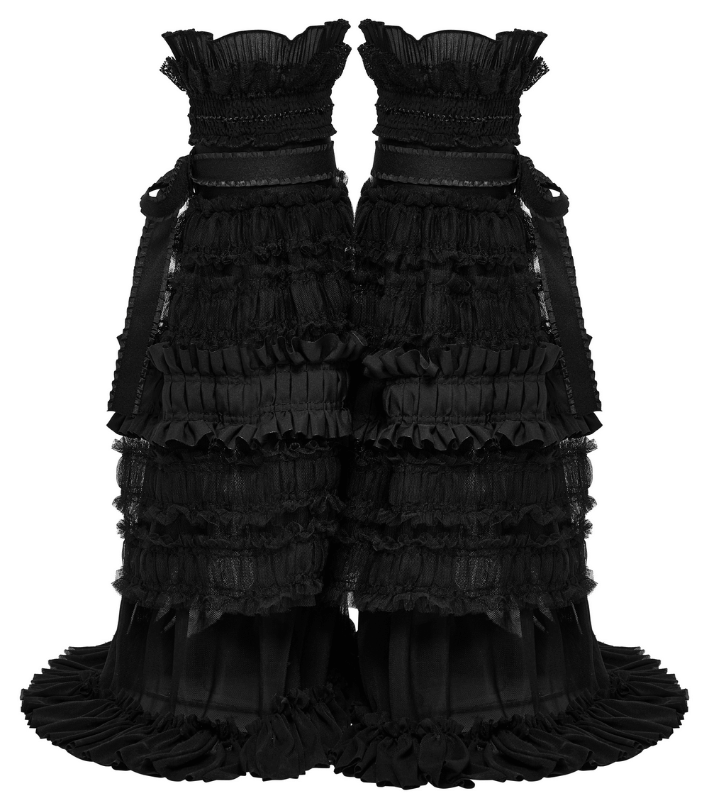 Gothic ruffled mesh leg warmers with flare design, featuring layered ruffles and elegant black fabric.