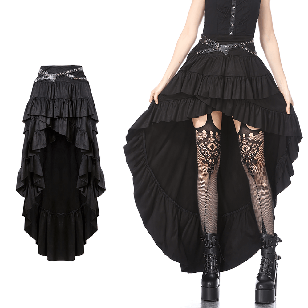 Gothic ruffled high-low skirt with studded belt and fishnet details, perfect for edgy fashion enthusiasts.
