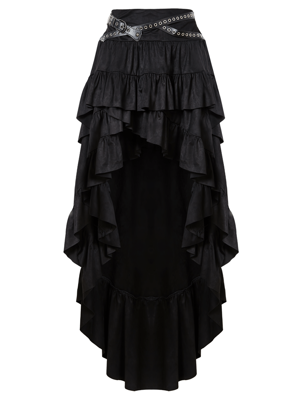 Gothic ruffled high-low skirt with studded belt and dramatic layered design for edgy fashion lovers.