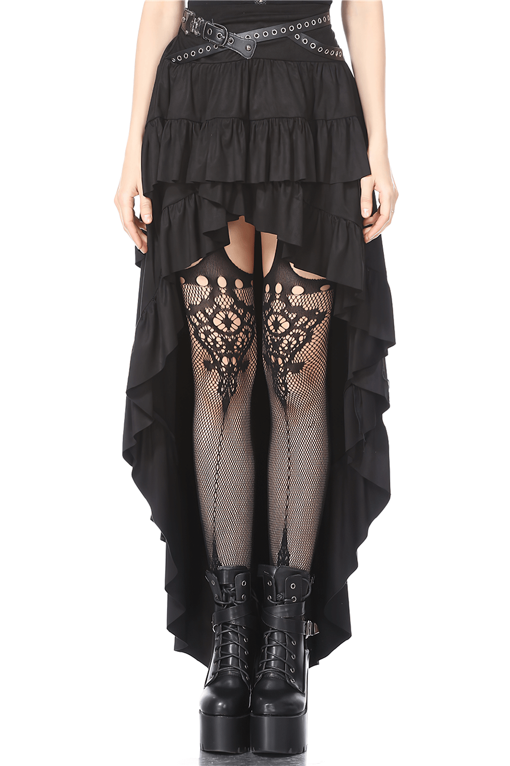 Gothic ruffled high-low skirt with studded belt and fishnet stockings for edgy alternative fashion.