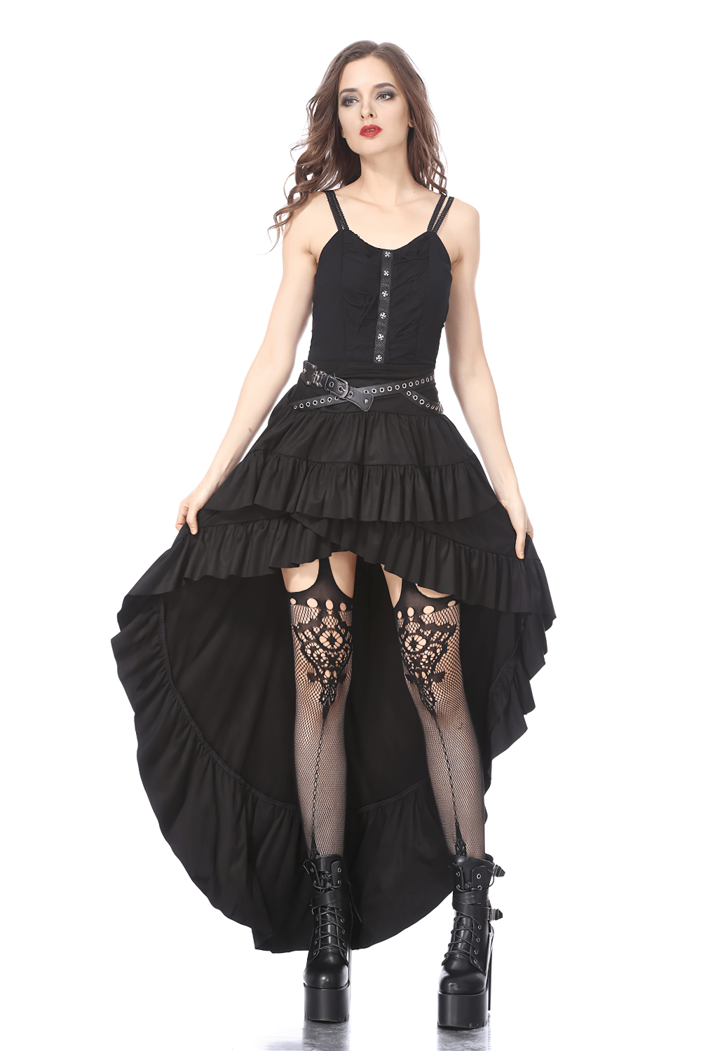 Gothic ruffled skirt with studded belt and fishnet stockings for bold alternative fashion.