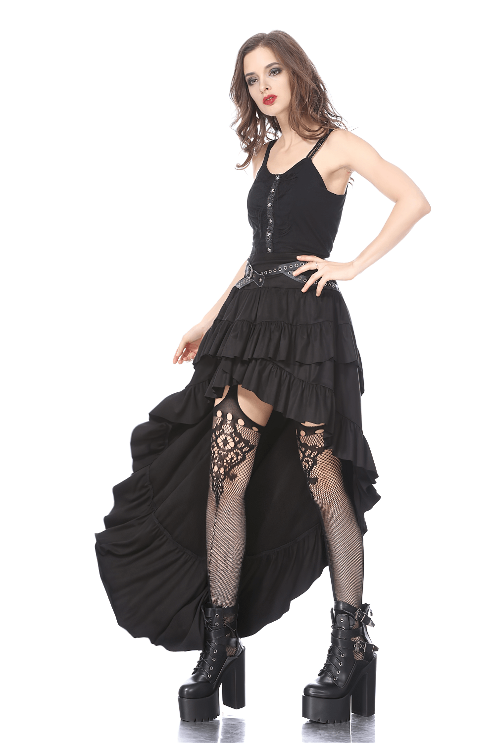 Edgy gothic ruffled skirt with studded belt and fishnet details, styled with platform boots and layered ruffles.