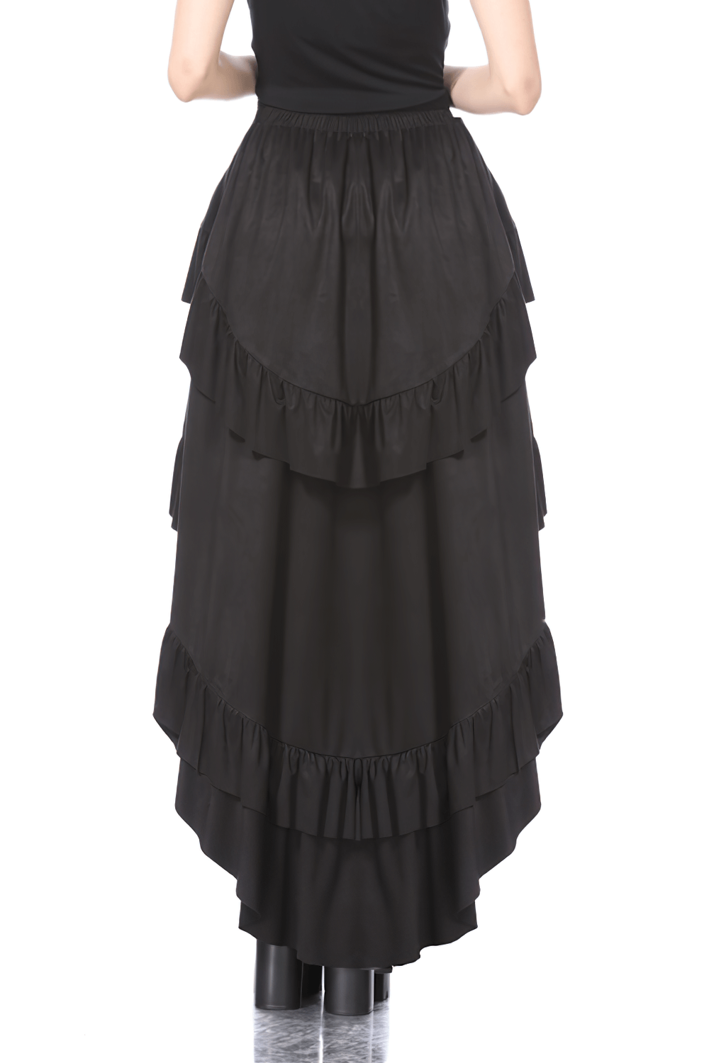 Gothic black ruffled high-low skirt with layered design and elastic waist, perfect for alternative fashion.