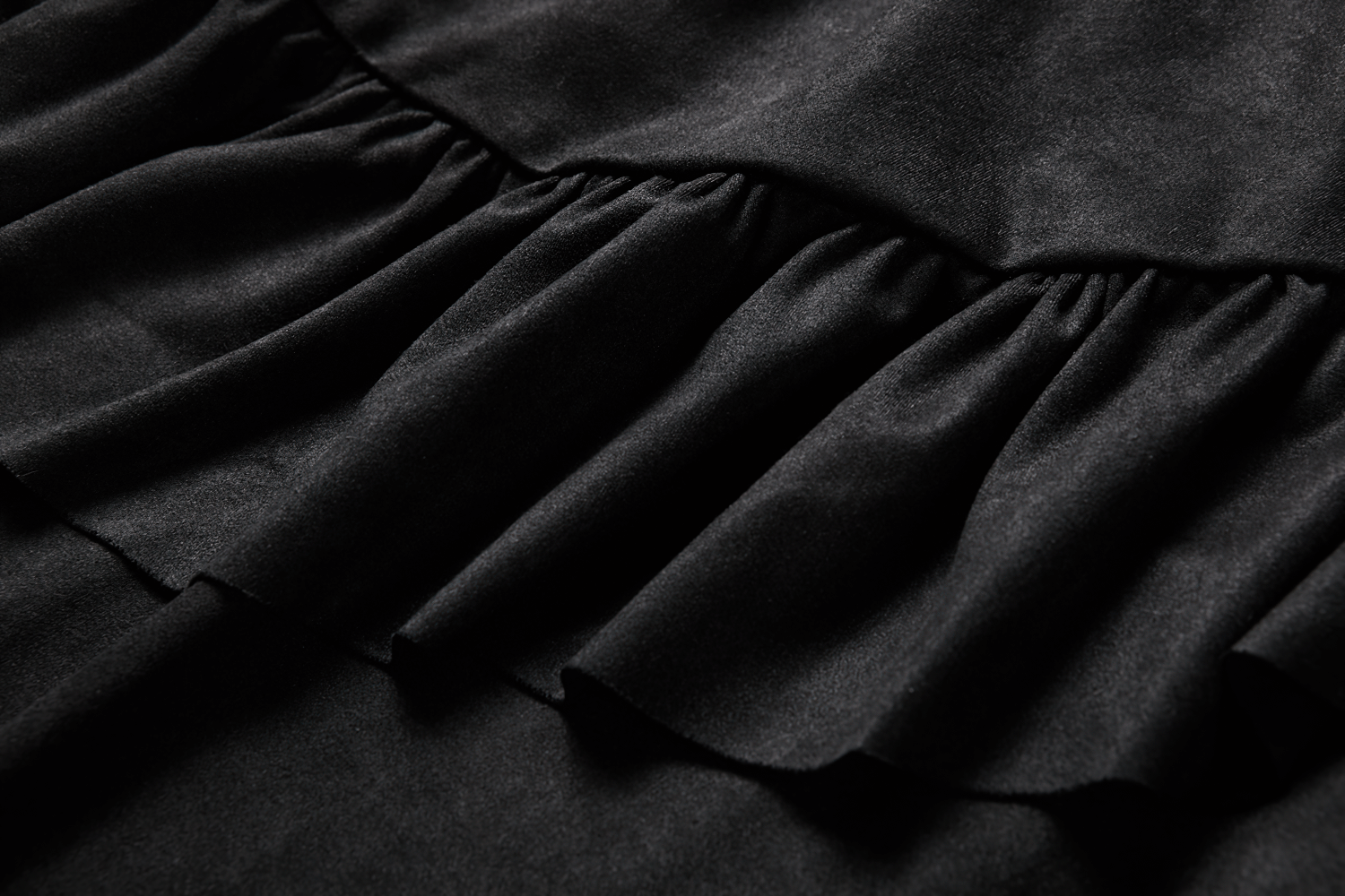 Close-up of black ruffled fabric showcasing the dramatic layers for a gothic skirt.