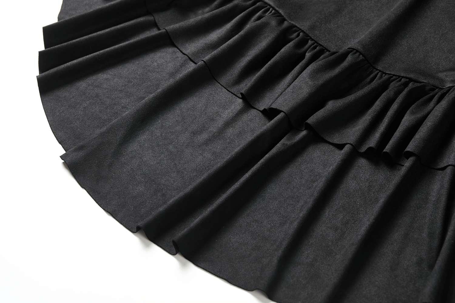 Close-up of a gothic ruffled black skirt showcasing layered details and texture for an edgy look.