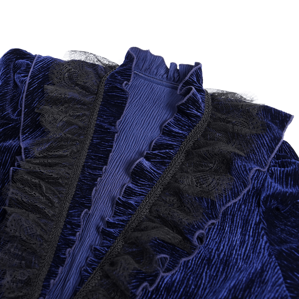 Close-up of a Gothic ruffled velvet shirt featuring intricate lace detailing and elegant black ruffles, perfect for dramatic style.