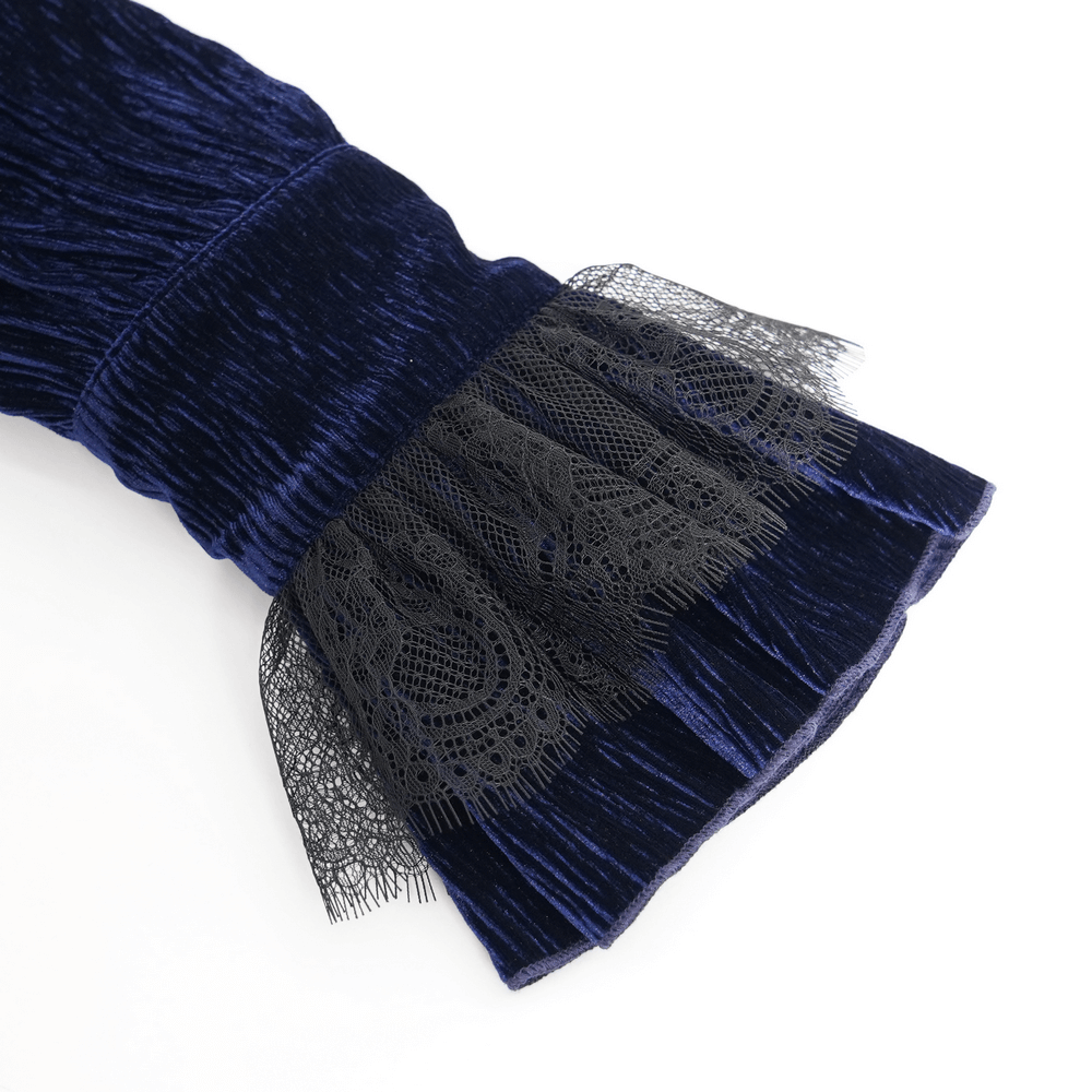 Gothic ruffled velvet shirt sleeve with elegant black lace detailing and soft texture.