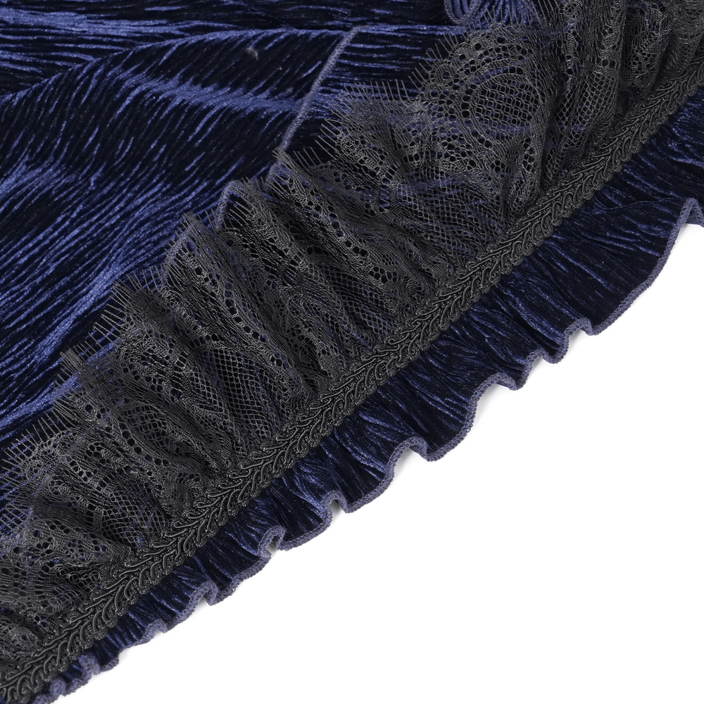 Close-up of Gothic ruffled velvet shirt featuring delicate lace and pearl details in a rich navy blue color.