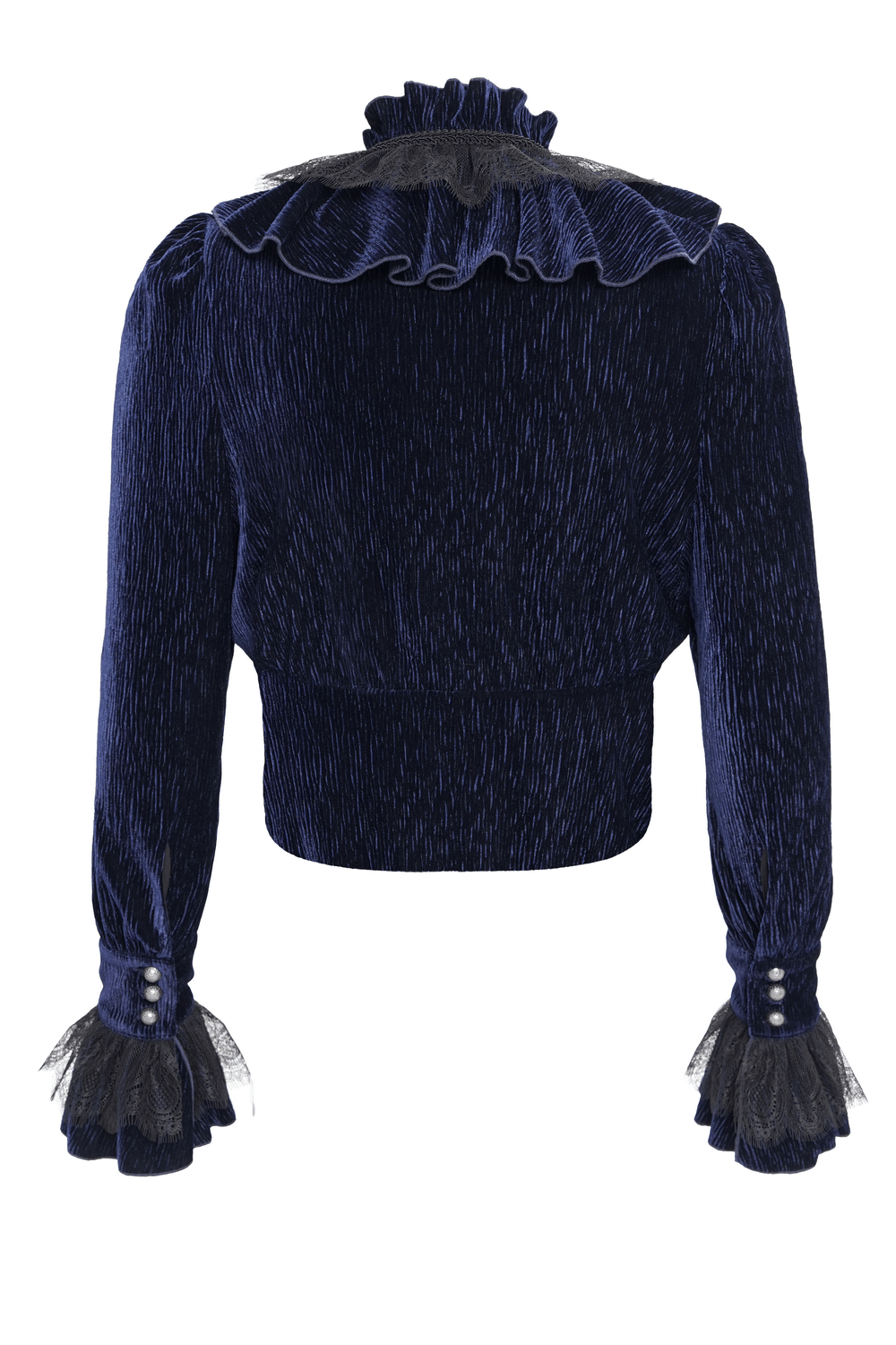 Back view of Gothic ruffled velvet shirt with lace detailing and pearl buttons, perfect for a stylish look.
