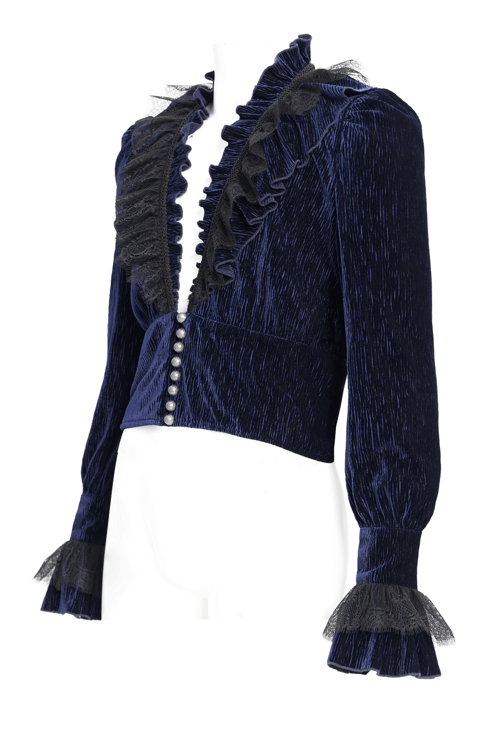 Gothic ruffled velvet shirt featuring lace trim and pearl buttons, perfect for a chic, dark aesthetic.