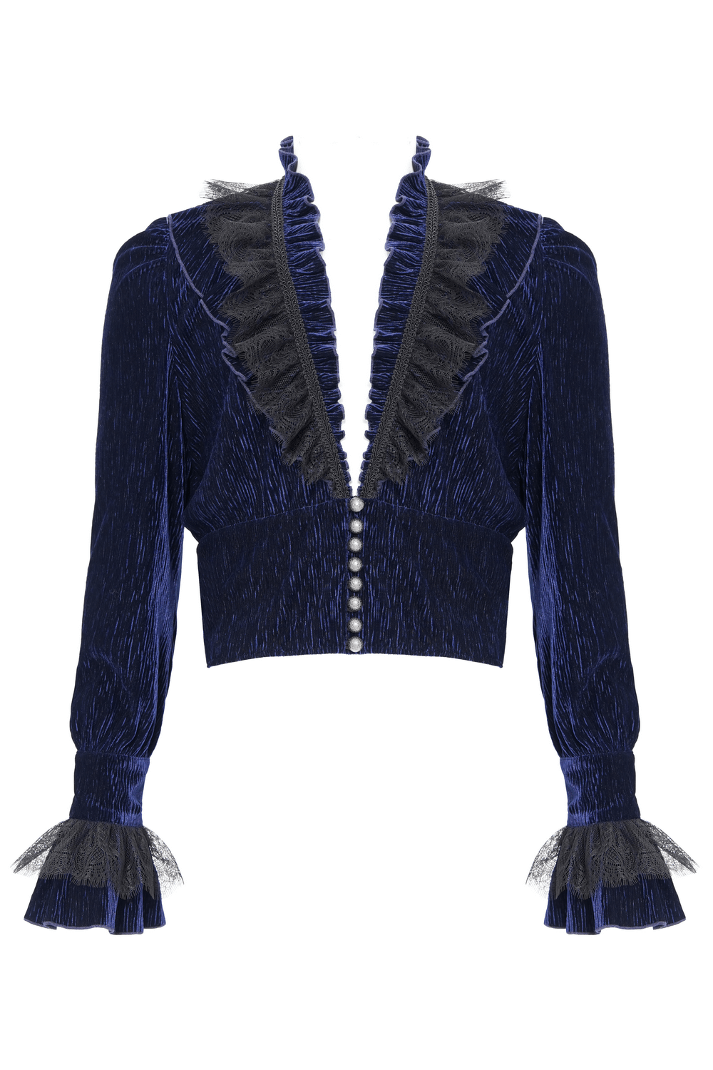 Gothic ruffled velvet shirt with lace and pearl accents, featuring a stylish cropped design and elegant detailing.