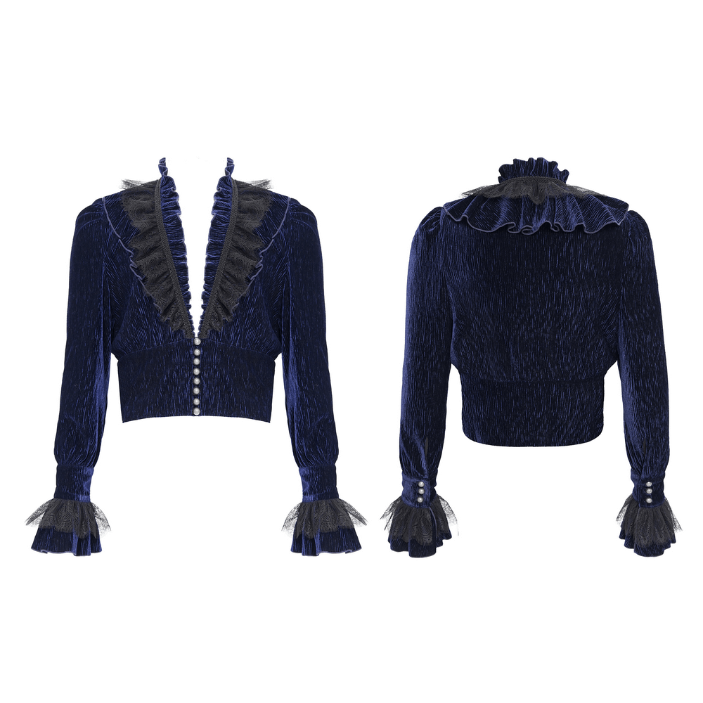 Gothic ruffled velvet shirt featuring lace and pearl details, showcasing front and back views in rich navy blue.