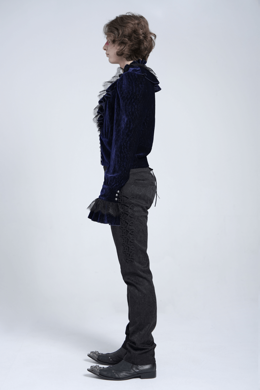 Gothic ruffled velvet shirt with lace and pearls, showcased in a stylish side view, perfect for alternative fashion lovers.